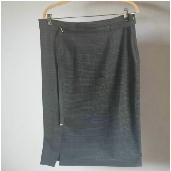 Max Mara Midi Skirt Large Green Plaid Wool Blend Straight Belted Lined Large - Picture 1 of 10
